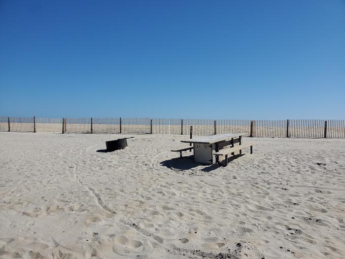 Oceanside site 96 in October.  View of the wooden picnic table and black metal fire ring on the sand.  Dune fencing runs along the beach front behind the campsite.Oceanside site 96 in October.