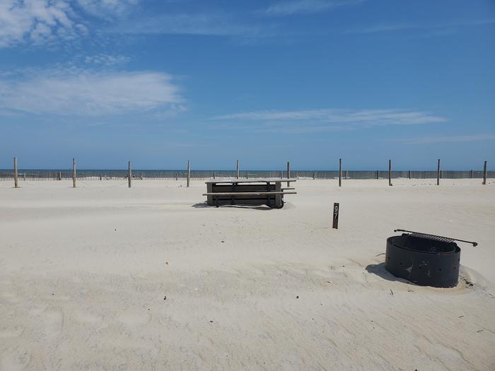 Oceanside site 97 in August.  View of the black metal fire ring on the sand.  Sign post that says 97 on it and wooden picnic table nearby.  Dune fencing runs along the beach front behind the campsite.Oceanside site 97 in August.