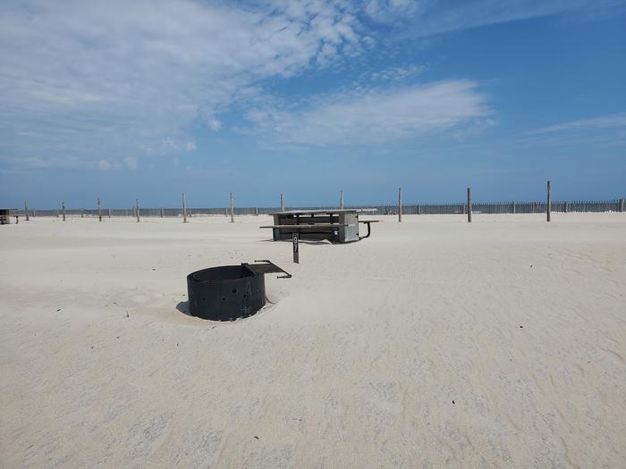 Oceanside site 97 in August.  View of the black metal fire ring on the sand.  Sign post and wooden picnic table are behind it.  Dune fencing runs along the beach front with ocean on the horizon.Oceanside site 97 in August.