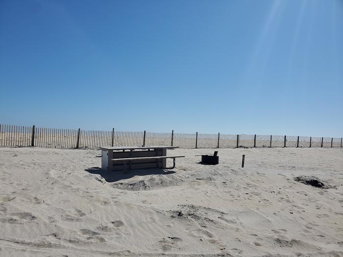 Oceanside site 97 in October.  View of the wooden picnic table and the black metal fire ring on the sand.  Sign post nearby says 97 on it.  Dune fencing runs along the beach front behind the campsite.Oceanside site 97 in October.
