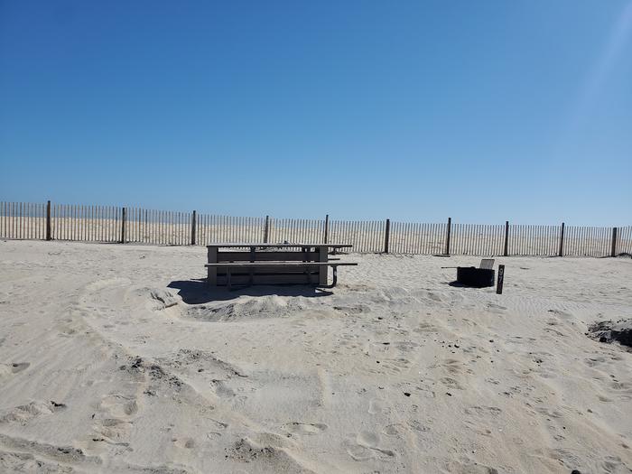 Oceanside site 97 in October.  View of the wooden picnic table and black metal fire ring on the sand.  Sign post is buried nearby.  Dune fencing runs along the beach front behind the campsite.Oceanside site 97 in October.