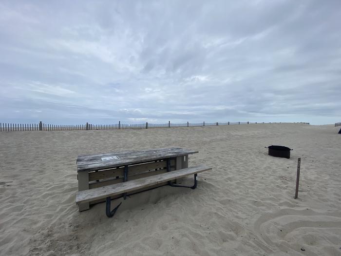 Oceanside site 97 in May. View of the wooden picnic table on the sand.  Sign post and black metal fire ring are nearby.  Dune fencing runs along the beach front on the horizon.Oceanside site 97 in May.
