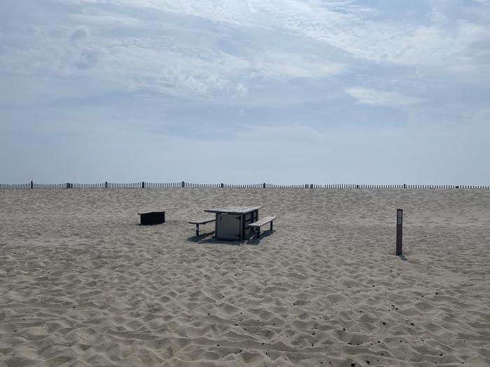 Oceanside site 98 in July.  View of wooden picnic table and black metal fire ring on the sand.  Sign post nearby says 98 on it.  Dune fencing runs along the beach front on the horizon.Oceanside site 98 in July.