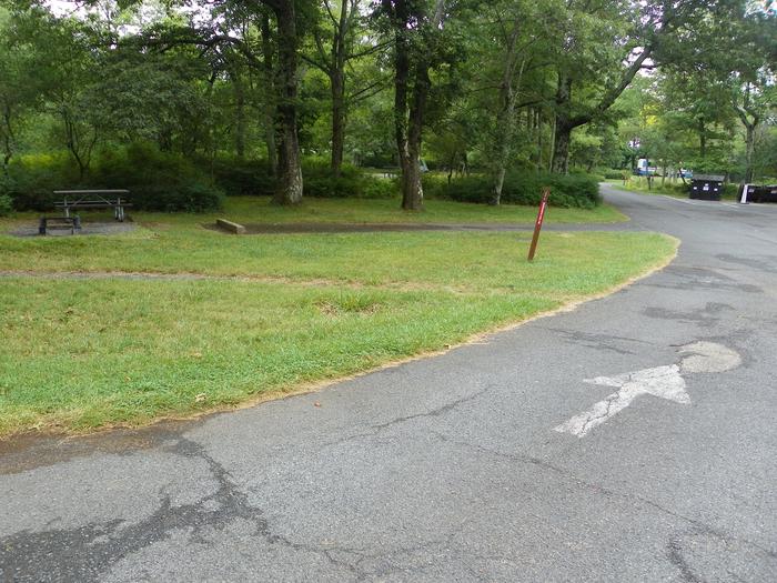 Site A70 has a back-in driveway, picnic table, and fire ring shaded by large trees.