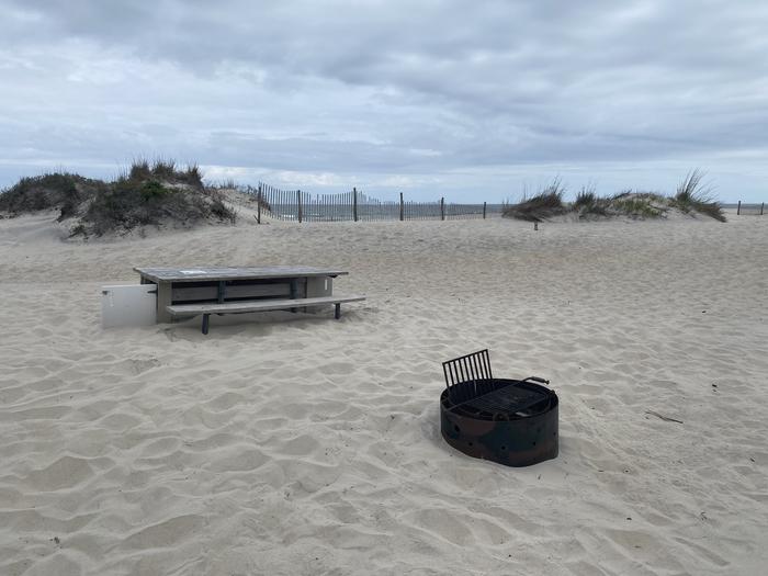 Oceanside site 101 in May.  View of the black metal fire ring on the sand.  Wooden picnic table is behind the fire ring.  Dune fencing runs behind the campsite and ocean is viewable on the horizon.Oceanside site 101 in May.