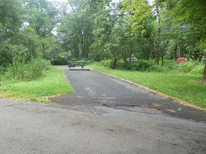 Campsite A91 has a picnic table and fire ring directly behind a level, back in driveway.