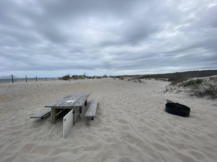 Oceanside site 101 in May.  View of the wooden picnic table and black metal fire ring on the sand.  Sign post is nearby, but buried in the sand.  Dune fencing runs along the beach front to the left of the image, with dunes on the right.Oceanside site 101 in May.