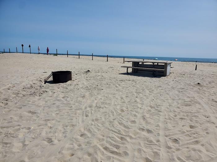Oceanside site 104 in August.  View of black metal fire ring and wooden picnic table on the sand.  Dune fencing runs along the backside of the campsite on the beach front.  Ocean is on the horizon.Oceanside site 104 in August.