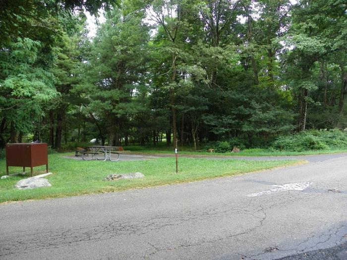 Campsite A104 has a driveway, tent pad, picnic table, fire pit, and food storage box. 