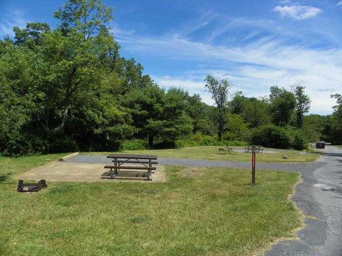 An open grass lawn surrounds the picnic table, fire ring, and parking space of a campsite, with a second campsite in the background. Large trees form a line behind the sites.