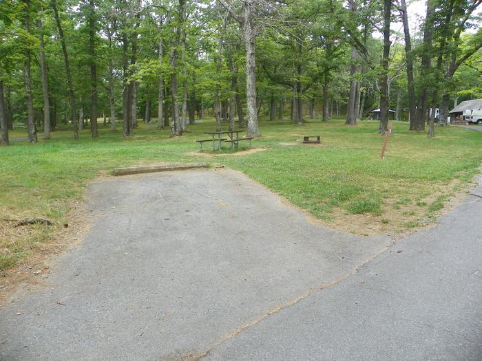 Site H213 has a short back in driveway, fire pit, picnic table, and grass lawn. 