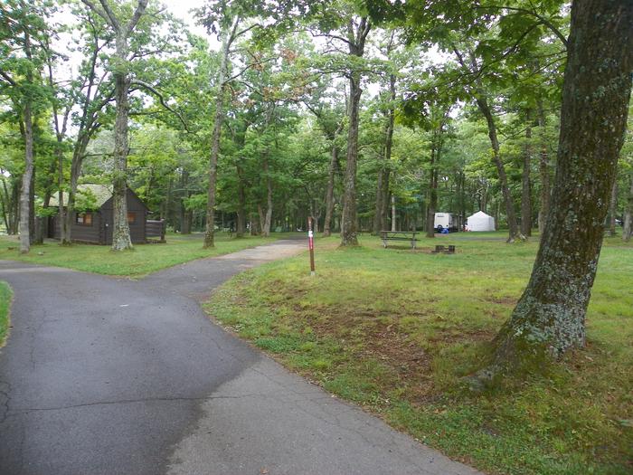 Campsite H215 has a pull through driveway, fire pit, picnic table, and grass lawn. Restrooms in the background on the left.