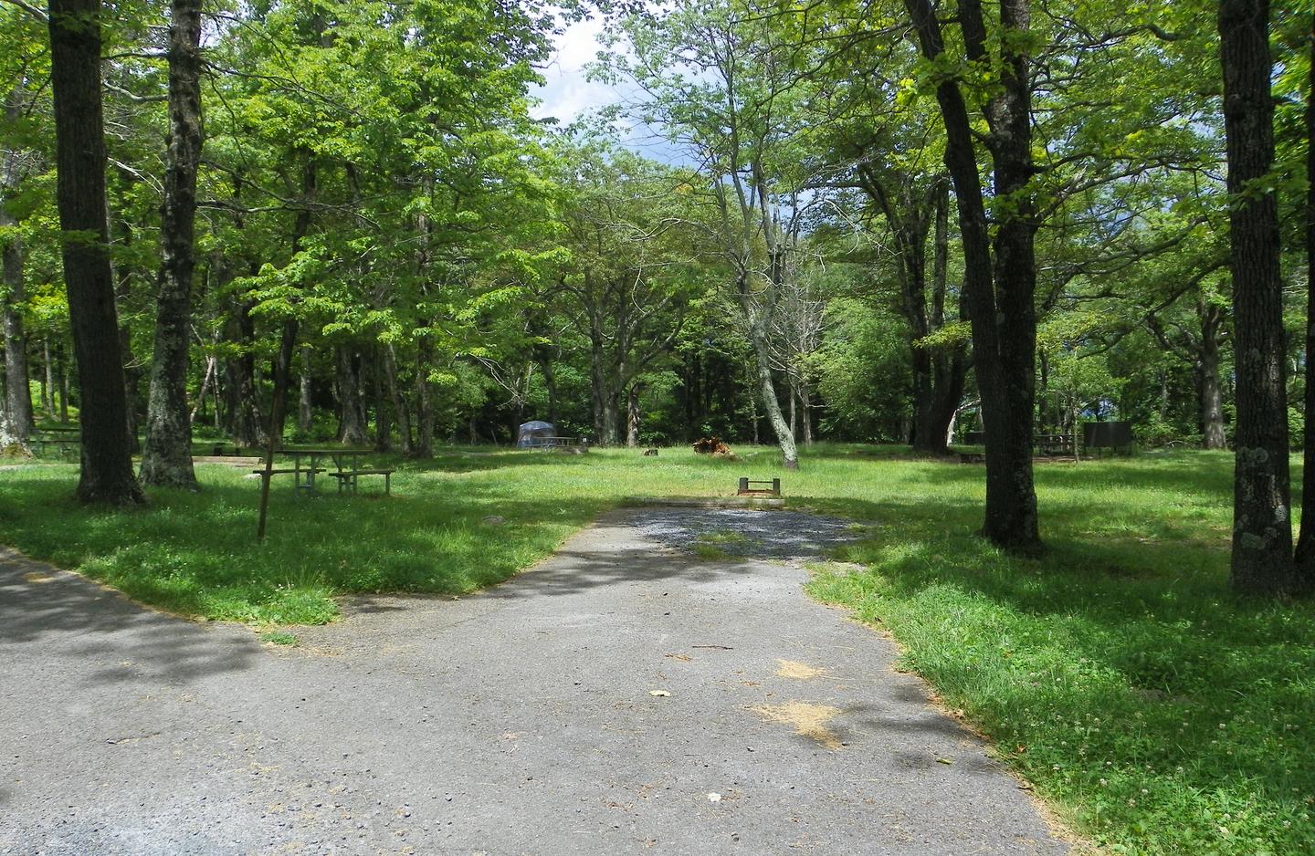 Site i222 driveway pavement is uneven, surrounded by grass lawn. There is a fire ring behind the driveway, and a picnic table to the side.