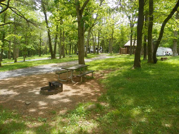 Site i227 picnic table and fire ring on a gravel pad, surrounded by grass lawn. In the background, the pull through driveway exits onto the loop road, with a restroom building directly across.