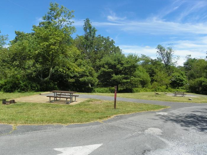 Campsite C122 back in driveway slopes slightly up into the site with a fire pit, picnic table, and grass lawn. 