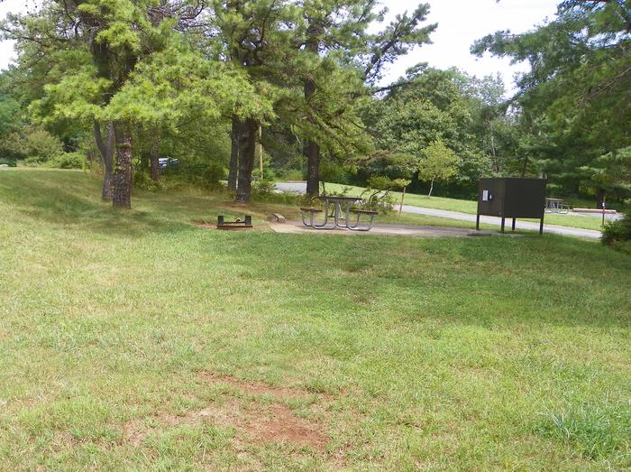 Grass tent pad for large tents, in the background a fire ring, picnic table, and food storage box.