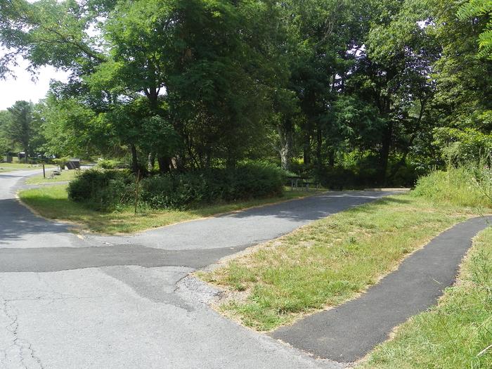 Campsite C132 has a long driveway, picnic table, fire ring, and tent pad.Campsite C132 has a driveway, picnic table, fire ring, and tent pad.