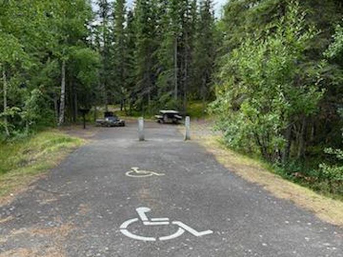 Accessibility site with flat campsite with 2 tables, firepit, and boreal forest in the backgroundCampsite 6, Loop Skyview, Accessibility site