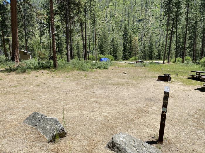 Campsite shown with mountain range in backgroundSite 19 at Pine Flats Campground, Boise National Forest 