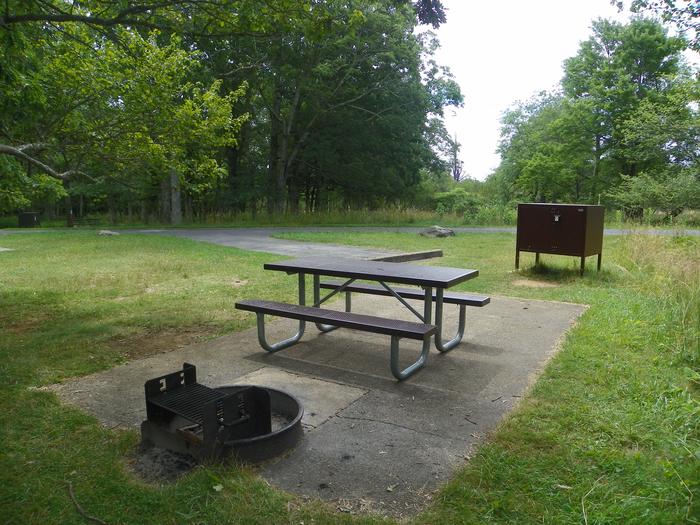 Site A66 has a driveway, grass tent pad, picnic table, food storage bin, fire pit and a grass tent pad that receives full sun.  