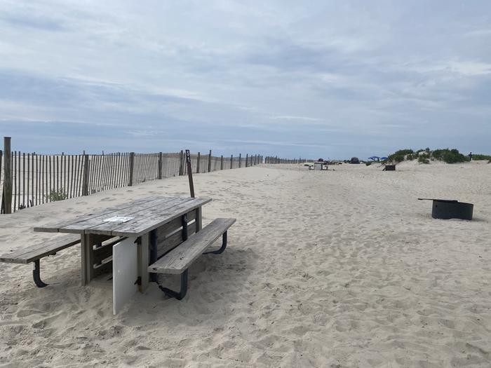 Oceanside site 51 in July 2024.  View of the wooden picnic table on the sand.  Black metal fire ring and sign post are nearby.  Dune fencing runs along the beach front next to the campsite.  Other campsites within the view.Oceanside site 51 - July 2024.