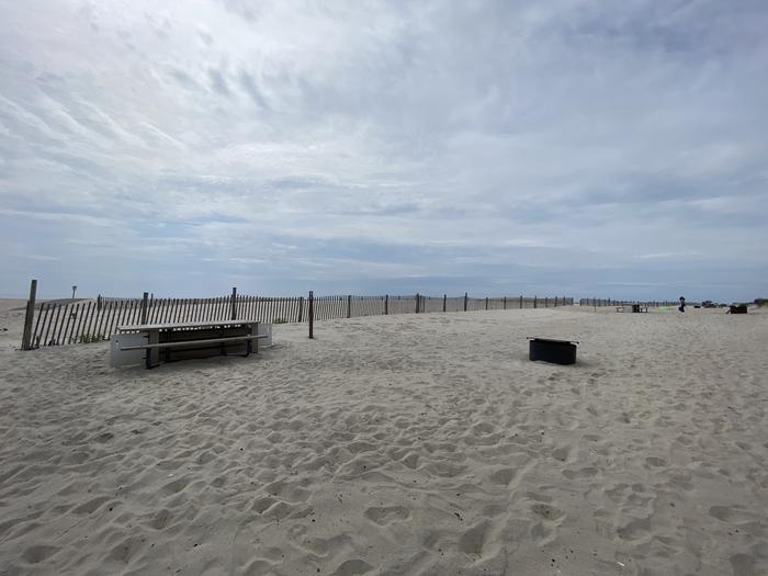 Oceanside site 51 in July 2024. View of the black metal fire ring and wooden picnic table on the sand.  Dune fencing runs along the beach front behind the campsite.  Other campsites within the view.Oceanside site 51 - July 2024. 