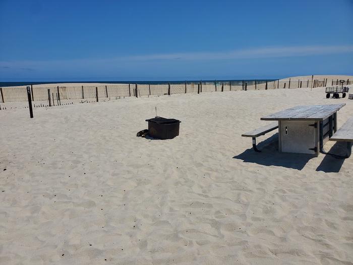 Oceanside site 51 in July 2023.  View of the wooden picnic table and black metal fire ring on the sand.  Dune fencing runs along the beach front behind the campsite.  Other campers within the view.Oceanside site 51 - July 2023.