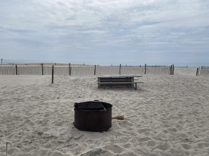 Oceanside site 52 in July 2024.  View of the black metal fire ring on the sand.  Wooden picnic table is further behind the fire ring.  Signpost that says "52" on it is nearby.  Dune fencing runs along the beach front.  There is an opening leading to the ocean front.Oceanside site 52 - July 2024.