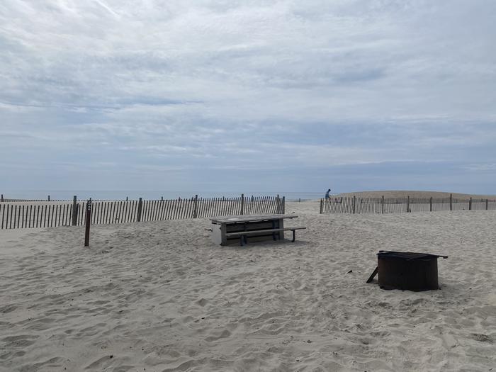 Oceanside site 52 in July 2024.  View of the wooden picnic table and black metal fire ring on the sand.  Signpost nearby says "52" on it.  Dune fencing runs along the beach front behind the campsite.  There is an opening that leads out to the ocean front.Oceanside site 52 - July 2024.