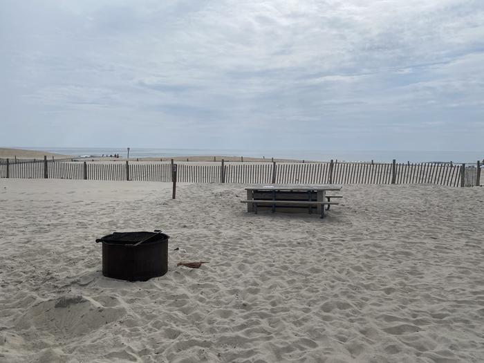 Oceanside site 52 in July 2024.  View of the black metal fire ring on the sand.  Wooden picnic table is behind the fire ring with signpost that says "52" on it nearby.  Dune fencing runs along the beach front behind the campsite.  Ocean front on the horizon.Oceanside site 52 - July 2024.  