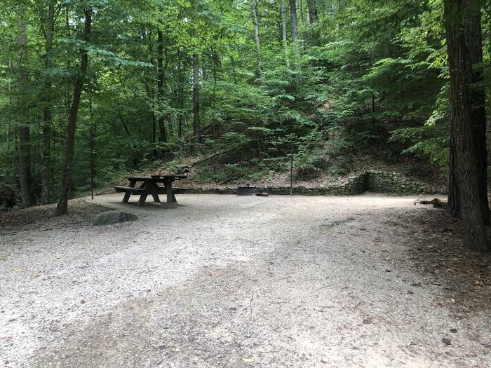 A photo of Site 018 of Loop CAVE MOUNTAIN LAKE FAMILY CAMP at CAVE MOUNTAIN LAKE FAMILY CAMP with Picnic Table, Fire Pit, Shade, Tent Pad, Lantern Pole