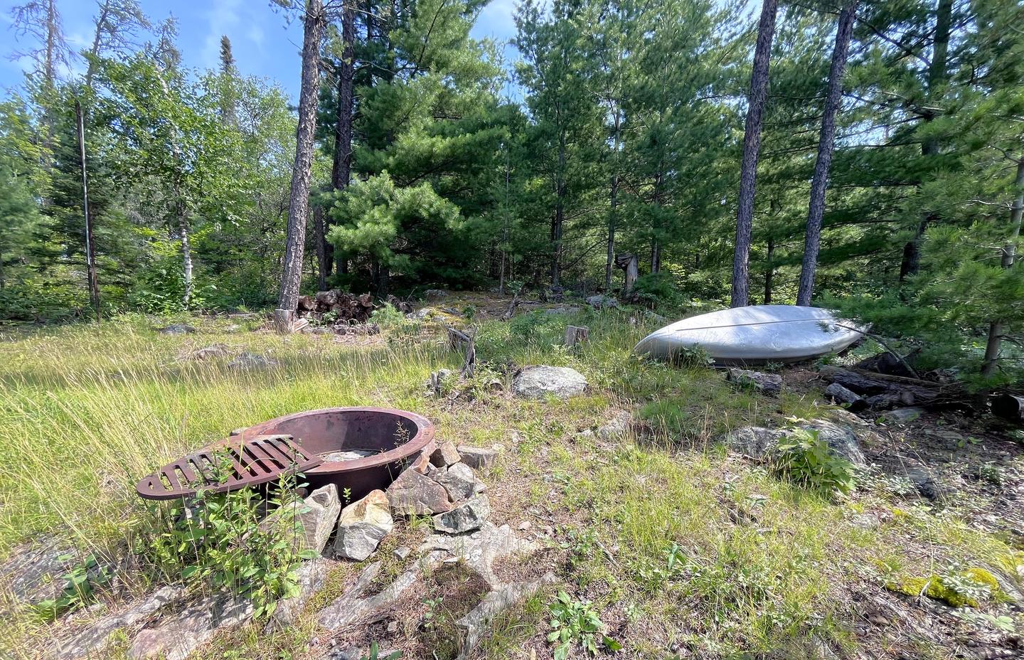 Looking in at core area, fire ring, and canoe with tall trees in the backgroundView of campsite core area and canoe