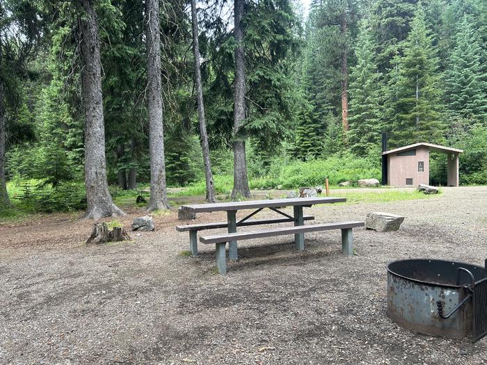 Campsite with fire ring and picnic table edged by pine trees with toilet building in the background.Huckleberry campsite #4