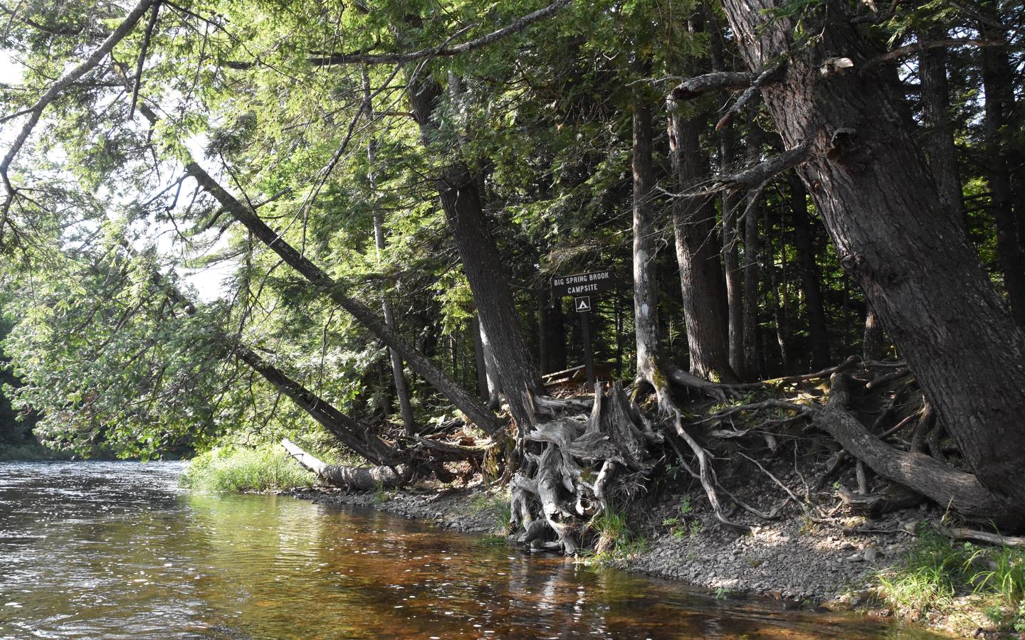 A small wooden brown campsite sign in the shade located on a cut bank next to the East Branch Penobscot River.While paddling the East Branch Penobscot River, watch for signs indicating the location of the Big Spring Brook Campsite.