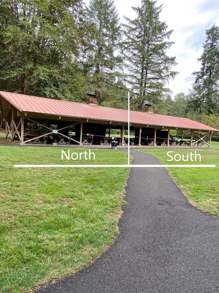 Entire Mountain View Shelter, both North & SouthEntire Mountain View Shelter can be rented if you rent both North (left) side & South (right) side. The shelter is divided in half by a white strip & cones. 