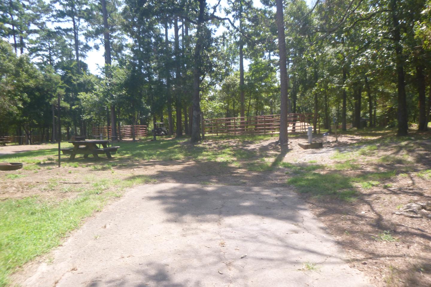 Site E15 with horse pen, fire ring, grill, lantern posts, picnic table, water hookup, electric hookup