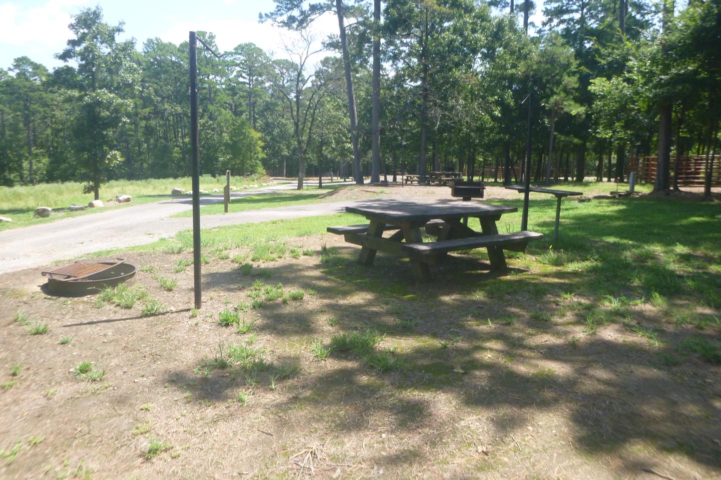 Site E15 with picnic table, fire ring, lantern posts, grill