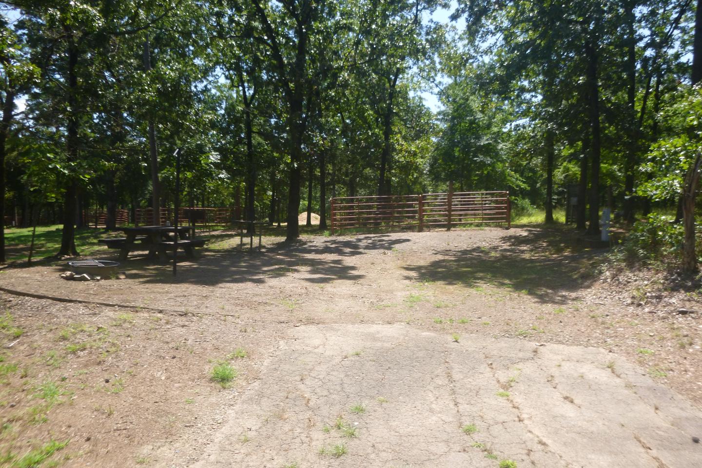 Site E16 with horse pen, picnic table, fire ring, lantern posts