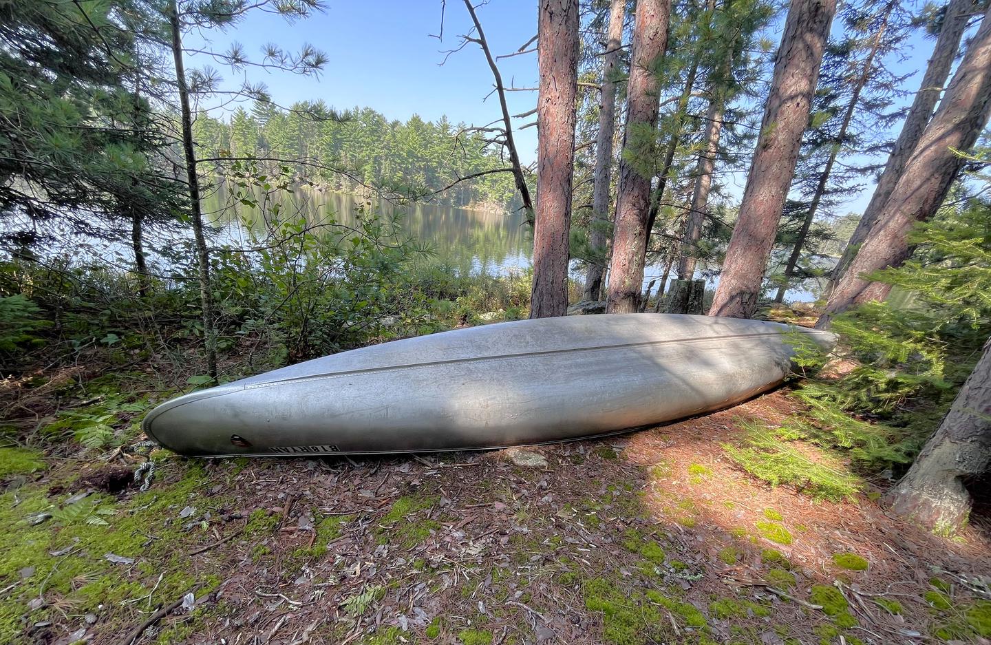 Canoe for Ryan Lake that is locked to a tree and water in the background.Canoe for Ryan Lake campsite