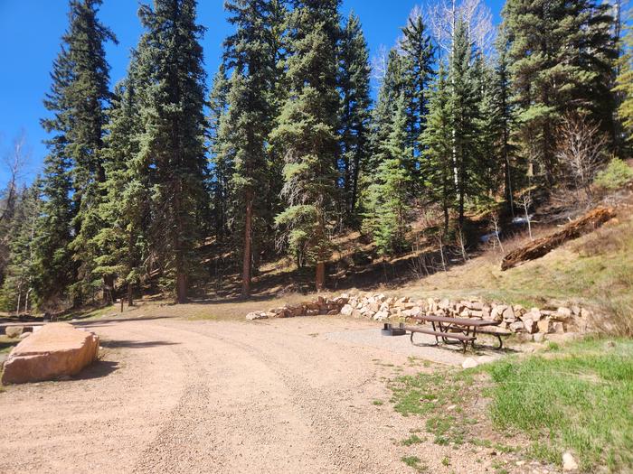 First-come pull-thru site with picnic table and fire ring