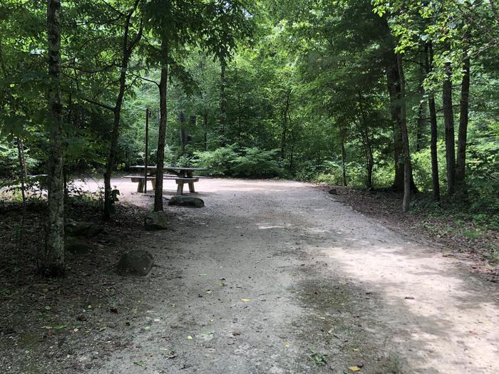 A photo of Site 026 of Loop CAVE MOUNTAIN LAKE FAMILY CAMP at CAVE MOUNTAIN LAKE FAMILY CAMP with Fire Pit, Shade, Tent Pad, Lantern Pole