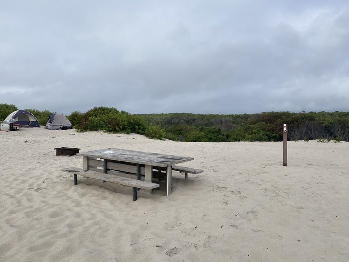 Oceanside site 55 in August 2024.  View of the wooden picnic table and black metal fire ring on the sand.  Signpost nearby says "55" on it.  Other camper's tents within the view.  Brush on the horizon.Oceanside site 55 - August 2024.