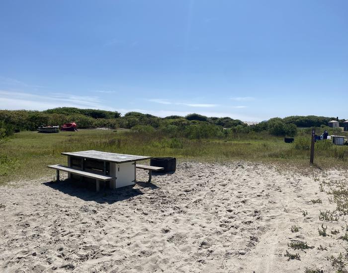 Oceanside site 67 in August 2024.  View of the wooden picnic table and black metal fire ring on the sand.  Signpost nearby says "67" on it.  Other campsites and campers' belongings within the view.Oceanside site 67 - August 2024.