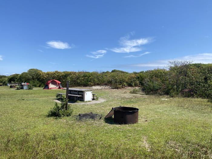 Oceanside site 68 in August 2024.  View of the black metal fire ring and wooden picnic table on the grass.  Signpost nearby says "68" on it.  Other camper's tents within the view.  Brush surrounds the campsite.Oceanside site 68 - August 2024. 