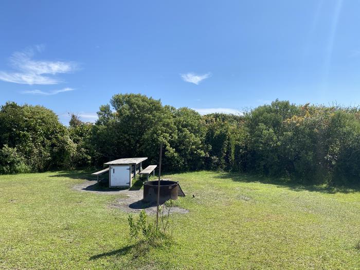 Oceanside site 70 in August 2024.  View of the wooden picnic table and black metal fire ring on the grass.  Signpost nearby.  Brush surrounds the campsite on the horizon.Oceanside site 70 - August 2024.