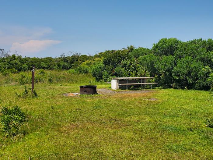 Oceanside site 70 in July 2023.  View of the wooden picnic table and black metal fire ring on the grass.  Signpost nearby says "70" on it.  Brush surrounds the campsite.Oceanside site 70 - July 2023.