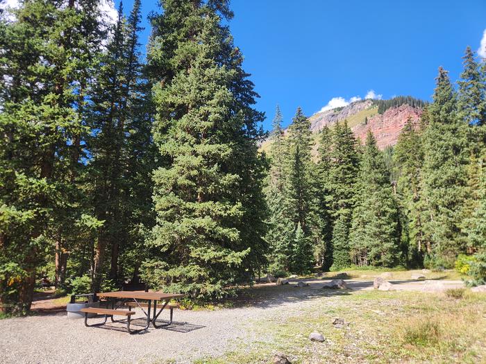 Campsite with picnic table and fire ring and view of mountain