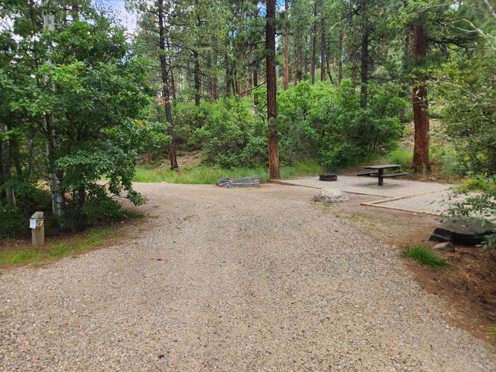 Site 27, a large pull-thru spur with picnic table, fire ring, and tent pad