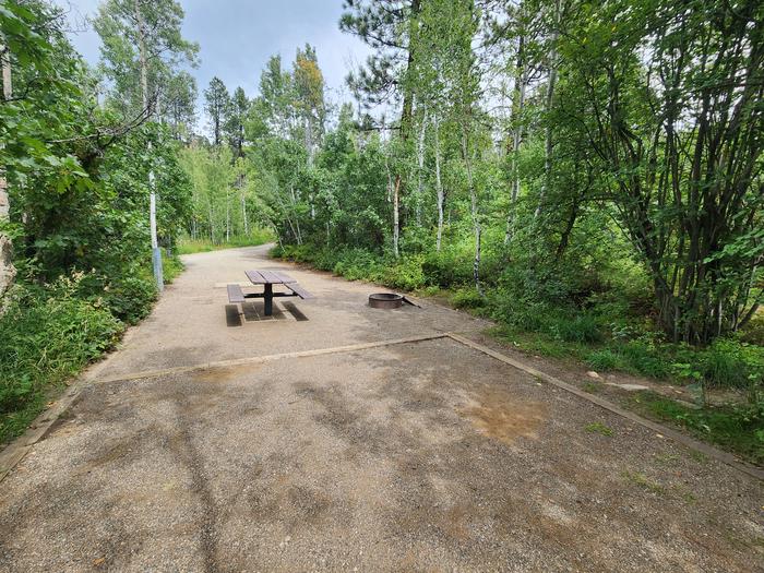 Site 34 viewed from back side, tent pad, picnic table, fire ring, and electrical pedestal on left side