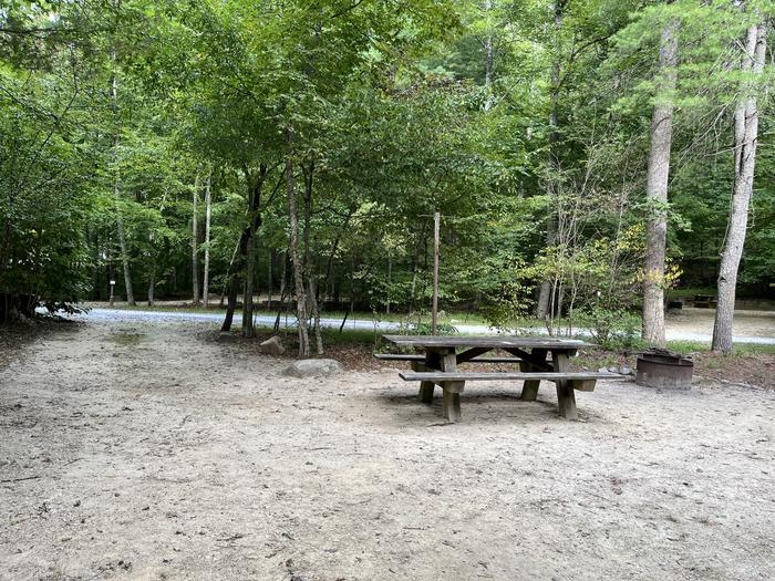 A photo of Site 026 of Loop CAVE MOUNTAIN LAKE FAMILY CAMP at CAVE MOUNTAIN LAKE FAMILY CAMP with Picnic Table, Fire Pit, Shade, Tent Pad